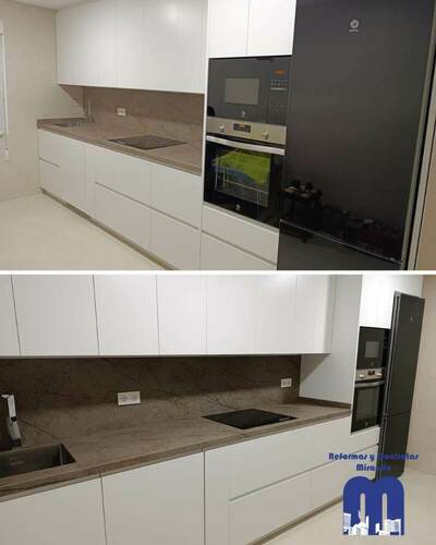 Reforma integral de cocina con mobiliario blanco y encimera Nebula Brown