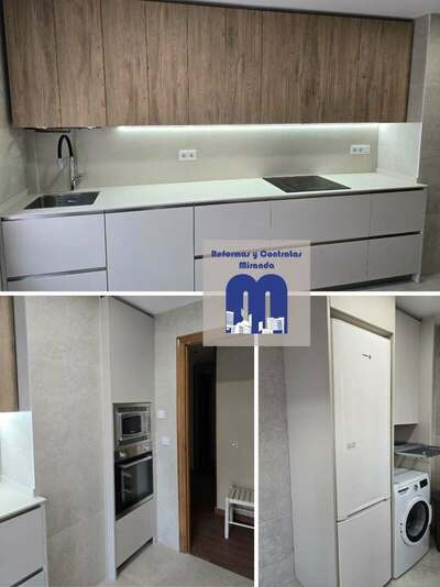 Reforma integral de cocina y cuarto de lavandería en Gijón con azulejo de gran formato, muebles en acabado madera y color viola, techos de pladur e iluminación LED integrada.